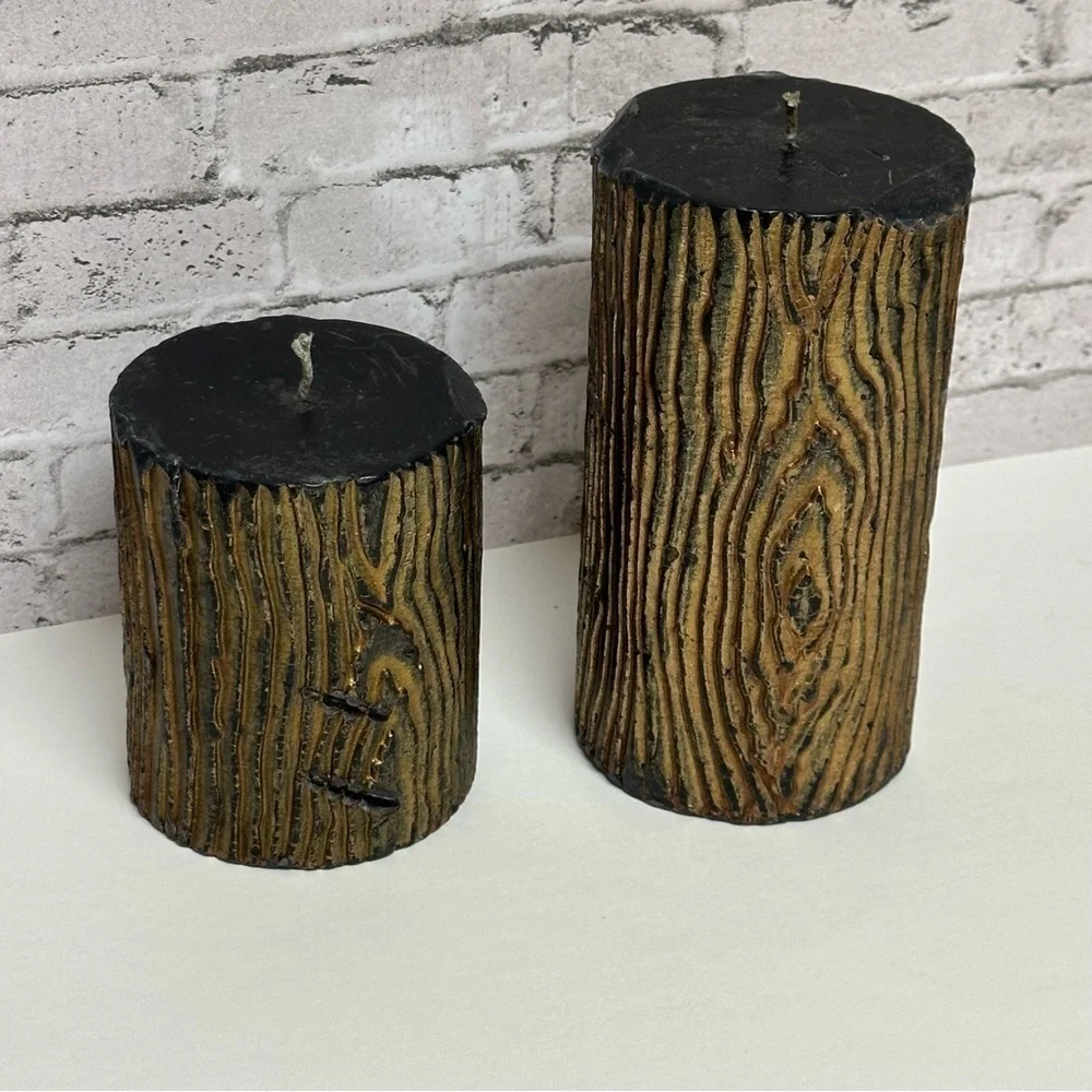 Log Wood Design Black Gold Candles Set of 2